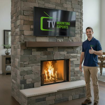 TV Mounting Experts technician installing a wall-mounted TV in a Chicago home