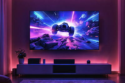 Wall-mounted TV with ambient LED backlighting glowing behind the screen