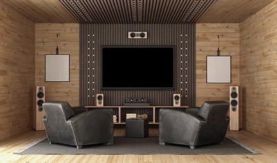 Complete home theater room with surround sound speakers and projector screen