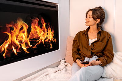 Electric fireplace mounted on living room wall with flame effects glowing