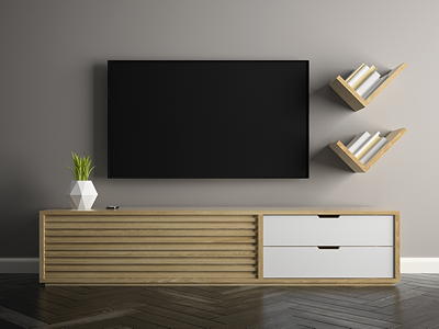 Multiple shelves installed on a living room wall with level alignment